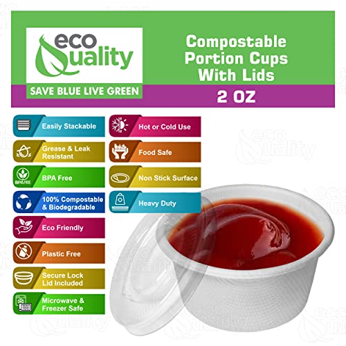 EcoQuality 2 Oz Compostable Portion Cups with Lids - Condiment Souffle Cups with Lid - Biodegradable Sauce Cups - Disposable Sample Cups, Slime, Jello Shot Cups, Food Storage, Takeout, Dressing (100)