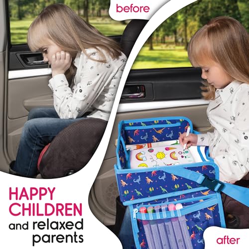Image of Kids Travel Tray - Waterproof Car Table with No-Drop Large Tablet Holder - Car Seat Tray - Road Trip Must Haves - Lap Desk Kids Organizer for Airplane - Toddler Travel Activities (Blue)