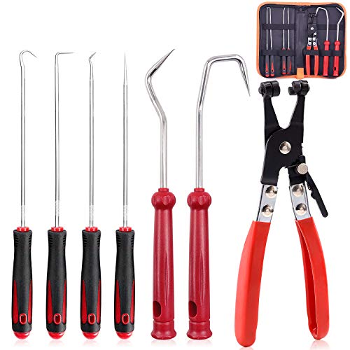 Keadic K608 7 Pieces Hose Clamp Plier Set, Including 6Pcs Hose Clamp Removal Hooks and Picks & 1Pcs Flat Band Car Water Pipe Locking Plier for Car Truck Fuel Oil Water Pipe Repair,Red