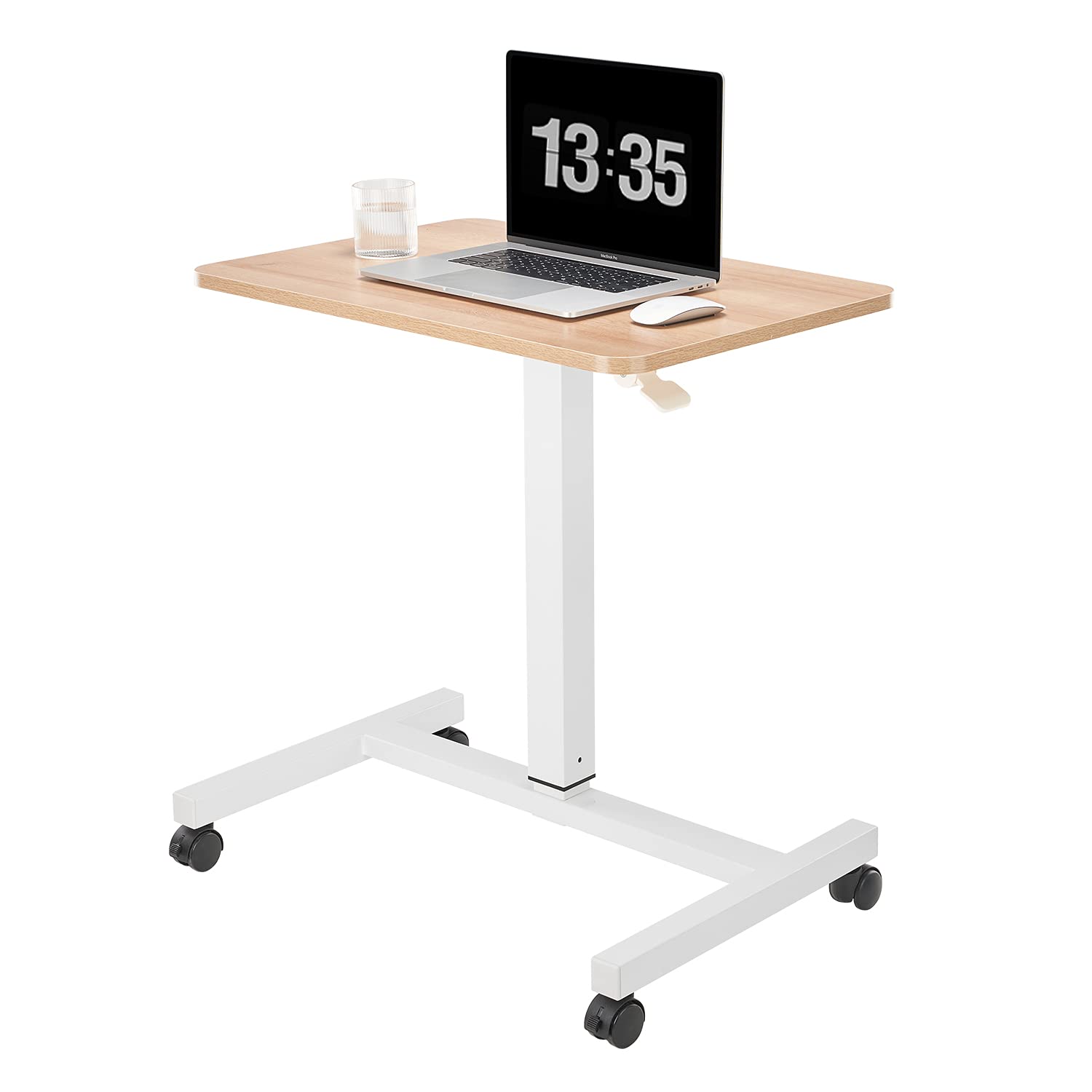 CLATINA Round Edge Design Elegant Mobile Laptop Desk Pneumatic Sit to Stand Table, Height Adjustable Rolling Cart with Lockable Wheels for Home Office
