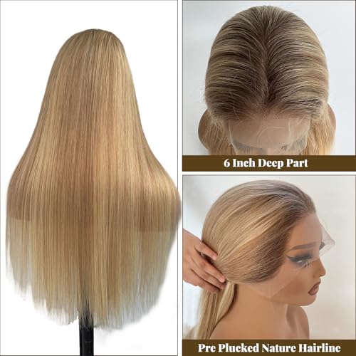 Image of Belaved Highlights Ash Brown Lace Front Wigs Human Hair No Synthetic HD Frontal Real Human Hair Dark Brown Roots Pre Plucked Glueless 180% Density Seamless 13x4 Straight for Women 22 Inch