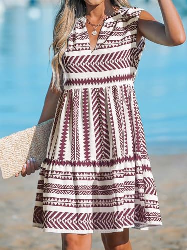 Image of CUPSHE Women's Ruffle Beach Mini Dress Split V Neck A Line Sleeveless Geometric Stripe Tropical Leaf Pattern Summer Dresses