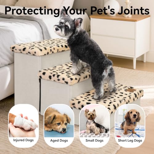Image of Zerbuger Dog Stairs for High Beds, Folding Pet Stairs Gift for Dogs Puppy with Storage for Bed Couch, Cat Dog Ramp Hold Up to 200 lbs (Beige Leopard, 3 Steps No Condo(31 inch D x 17 inch W x 17.7 inch H))