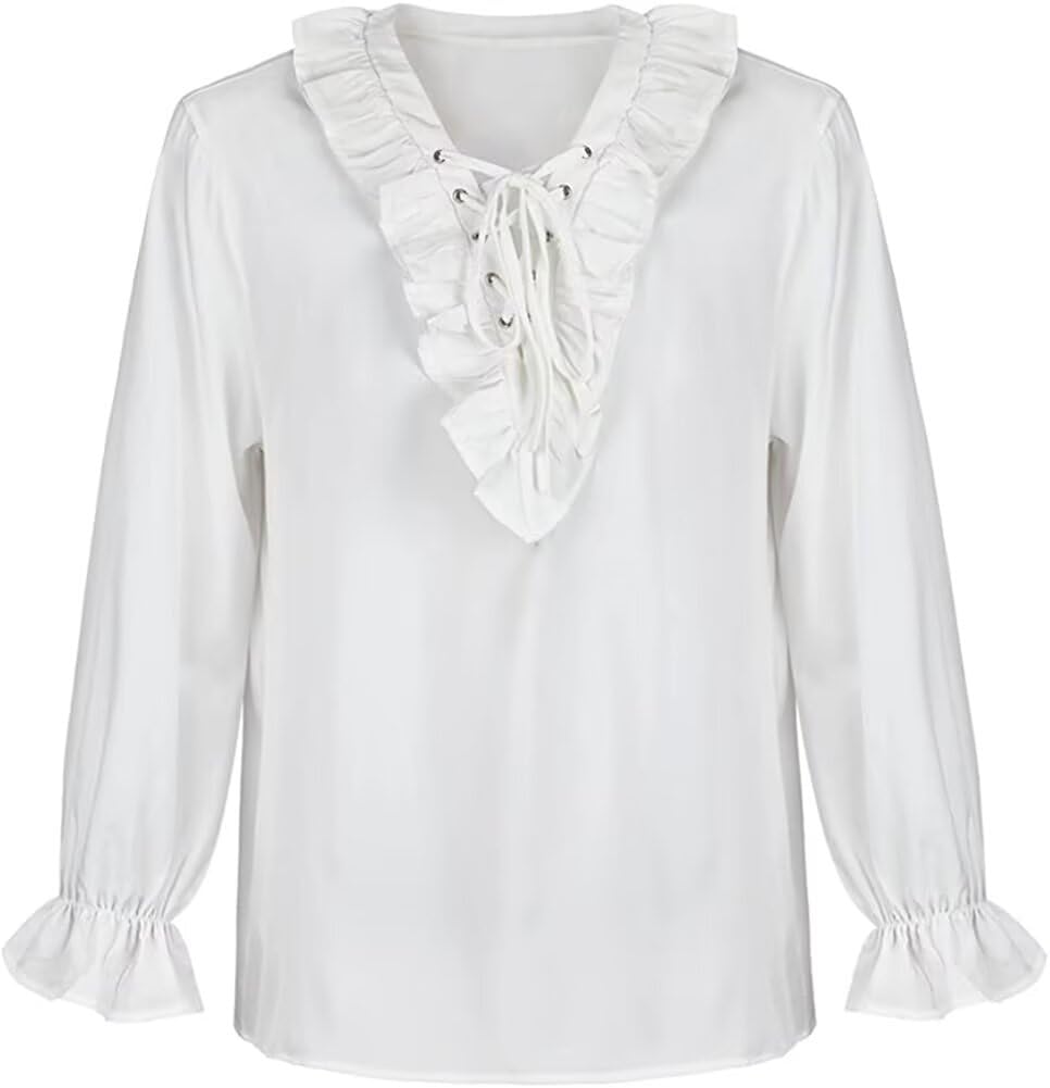 Josamogre Men's OR Women's Medieval Nordic Shirt Blouse Pirate Renaissance Captain Victorian Top Outfit Festival Costume Viking Halloween White 3XL