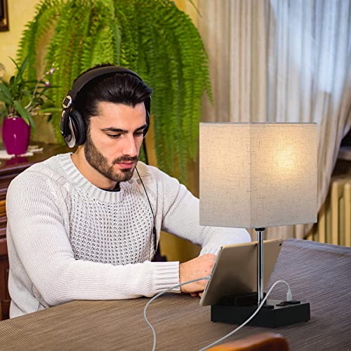 Caduke Set Of 2 Bedside Lamps With Bulbs, Table Lamp With Usb Port And Type C Port Modern Nightstand Lamp With 2 Phone Stands Desk Lamp With Ac Outlet And Linen Shade For Living Room Kids Room #TOP4