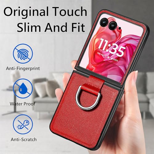 COQUE Phone Case Motorola Razr 50 Ultra Cover,Slim Anti-fall Litchi Pattern Ring Phone Shell,Leather Folding Phone Cover for Motorola Razr 50 Ultra-Red - Image 3