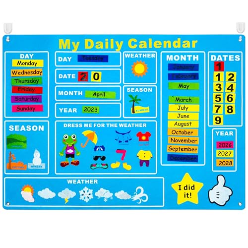 Image of WATINC My First Daily Calendar Felt-Board for Kids 3.5Ft 70Pcs All About Today Funky Frog Weather Season Chart Days of The Week Circle Time Bulletin Board Preschool Early Learning Play Kit for Wall
