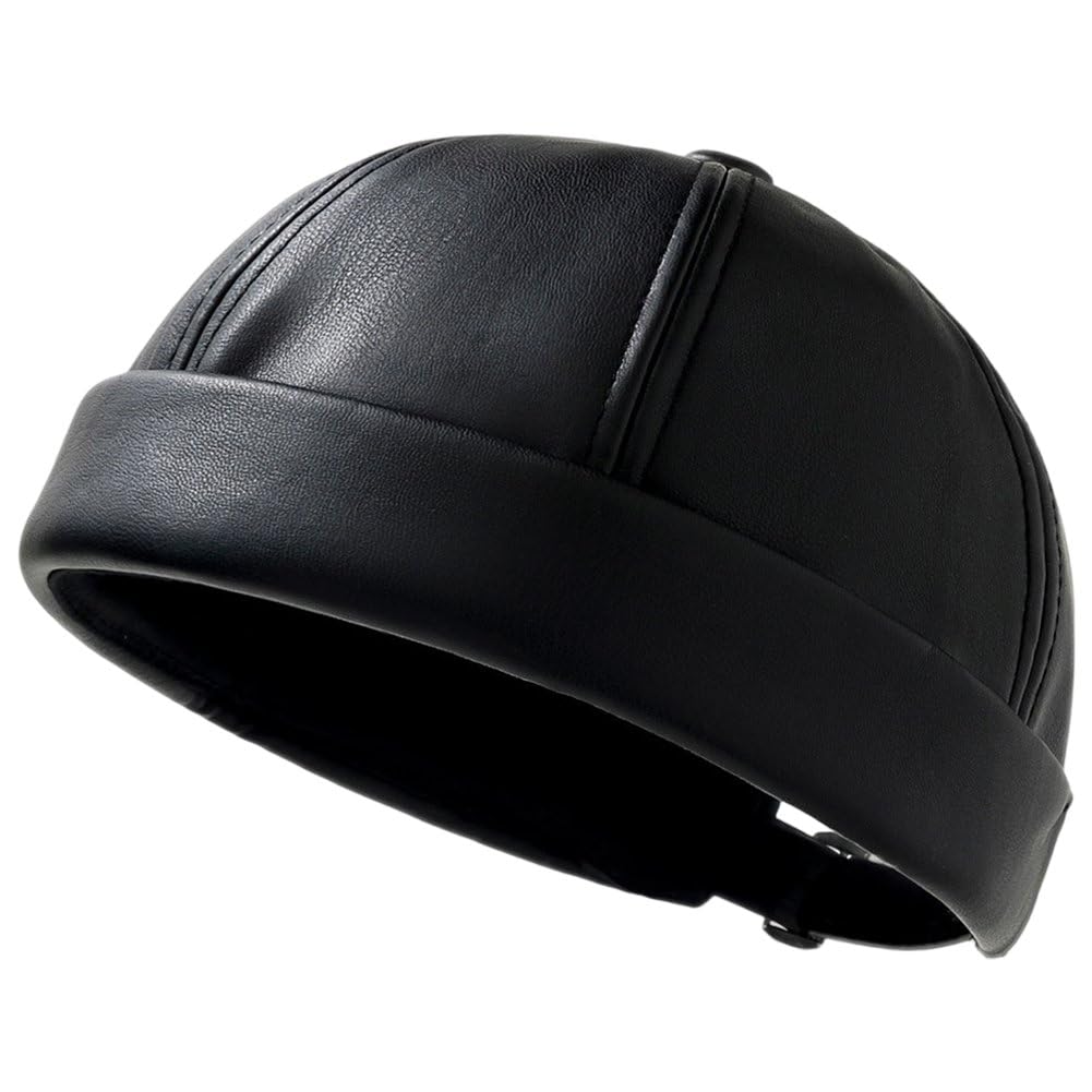 Casiler Retro Rolled Cuff Leather Docker Cap, Brimless Sailor Skull Beanie for Men Daily Casual Street Headwear Matching Use