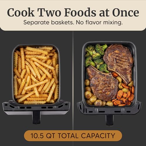 Image of Elite Gourmet EAF6535 Dual Stacked Air Fryer, 10.5Qt, 1700W, Black | Family Size - PFAS-Free Dishwasher-Safe Nonstick Baskets - Sync Cook & Finish - 10 Presets