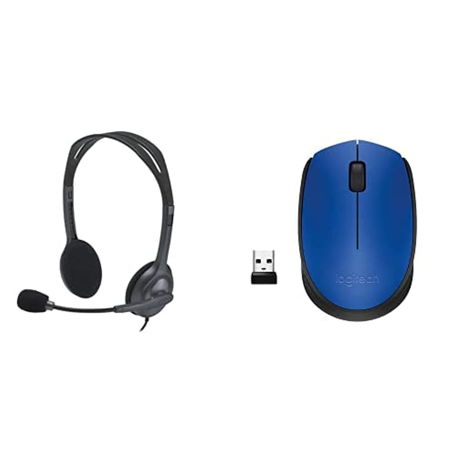 LogitechH111 Wired Headset Black, Large With Logitech M171 Wireless Mouse, 2.4 Ghz With Usb Mini Receiver, Optical Tracking, 12-Months Battery Life, Ambidextrous Pc/Mac/Laptop - Blue