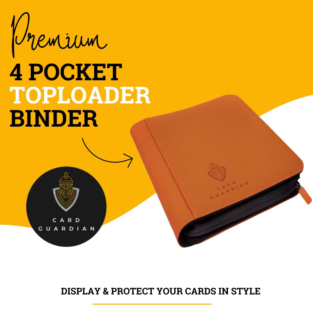 Card Guardian Toploader 4 Pocket Premium verzamelmap met ritssluiting voor 160 kaarten, insteekvakken met opening op de zijkant, geschikt voor sport- en ruilkaarten TCG (oranje