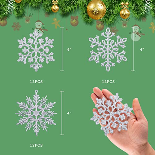 36 Pcs Silver Glitter Christmas Snowflake Ornament, 4 Inch 3 Styles Plastic Sparkling Snow Flake, Artificial Shatterproof Christmas Tree Hanging Decoration For Xmas Tree Embellishment Party Supplies #TOP3