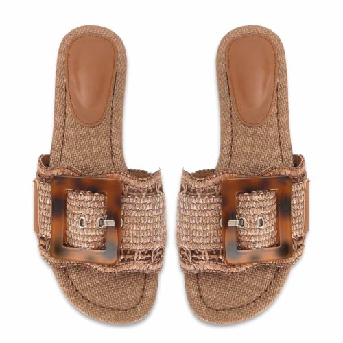 Image of ZJGZF Raffia Sandals for Women Buckle Straw flats Woven Braided Rattan Slides Summer Beach Sandals Comfort Cute Shoes