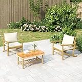 Teenpull Set of 2 Natural Bamboo Garden Chairs with Cream White Cushion, Robust Outdoor Furniture for Patio, Balcony, Max. 110 kg Load Capacity - Image 1