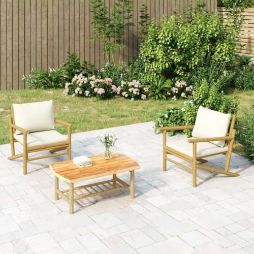 Teenpull Set of 2 Natural Bamboo Garden Chairs with Cream White Cushion, Robust Outdoor Furniture for Patio, Balcony, Max. 110 kg Load Capacity