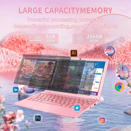 Image of 10.1-inch Portable Mini Pink Laptop Computer, DDR4 8GB RAM, 256GB SSD, Celeron N4000, Built-in Webcam, Notebook with WiFi, HDMI, Bluetooth, Type-C Charging, Easy to Carry (Pink)