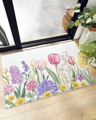 Indoor Doormat Spring Summer Lavender Tulip,Shaggy Floor Mat with Non-Skid Backing Watercolor Pastoral Flowers,Machine Washable Plush Area Rug Carpets for Kitchen Nursery Bedroom