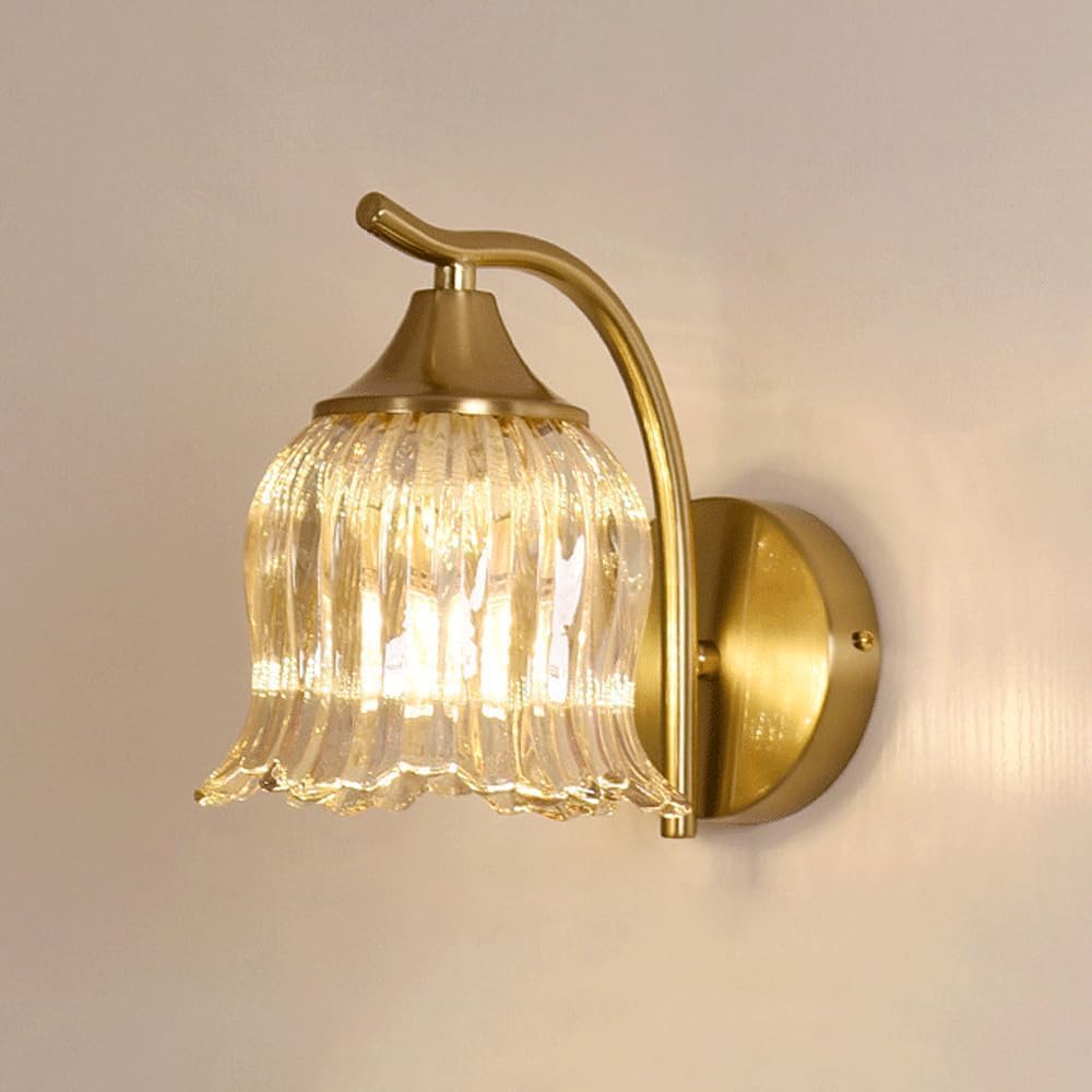 SXSCARKX Modern Light Luxury Gold Bathroom Wall Fixtures With Amber Glass Mid Century Sconce Flower Shade Hallway Lighting Antique Farmhouse Bedside Mount Lamp For Girls Bedroom