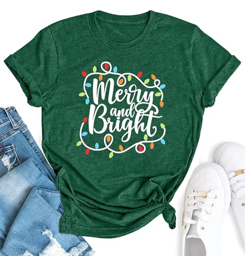 GERLEN Christmas Shirts Women Merry and Bright Xmas Holiday Tshirt Christmas Lights Casual Tee Tops Green