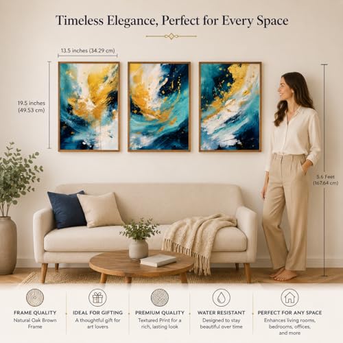 Image of Livin'luxe Set of 3 Blue Gold Abstract Wall Photo with Frame for Living Room Bedroom Hall Office Decor, Premium Wooden Synthetic Frame Modern Artwork Gift