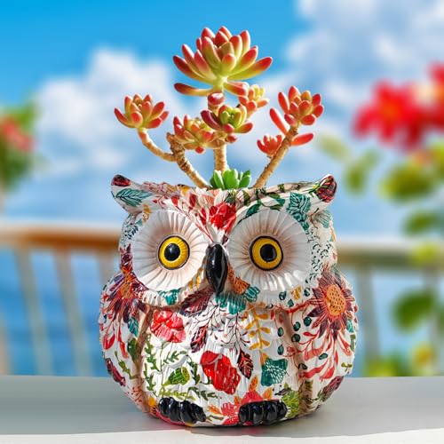 Owl Planter, Owl Succulent Pots, Funny Plant Pots Indoor/Outdoor, Decorative Garden Flower Pot, Cute Small Planters for office Home Decor, Unique Statue Figurine Gifts for Women Mother Teacher Red