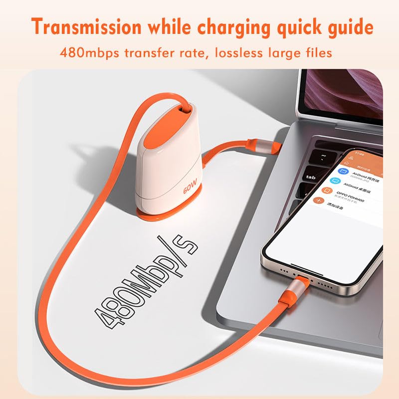 Image of Off White Desktop Retractable Single Pull Fast Charging Cable USB-C to USB-C - Tangle-Free 1.2m Cord for Android, Samsung, Laptops | Premium Desk Organizer