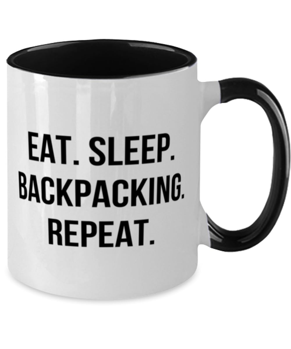 Motivational Backpacking Gifts, Eat. Sleep. Backpacking. Repeat, Birthday Gifts, Two Tone 11oz Mug For Backpacking from Friends, Hiking, Camping, Outdoor adventure, Travel
