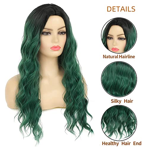 Image of Swiking Green Ombre Long Curly Women Wigs Midele Part Synthetic Natural Wave Hair Black and Green Halloween Cosplay Costume Wigs