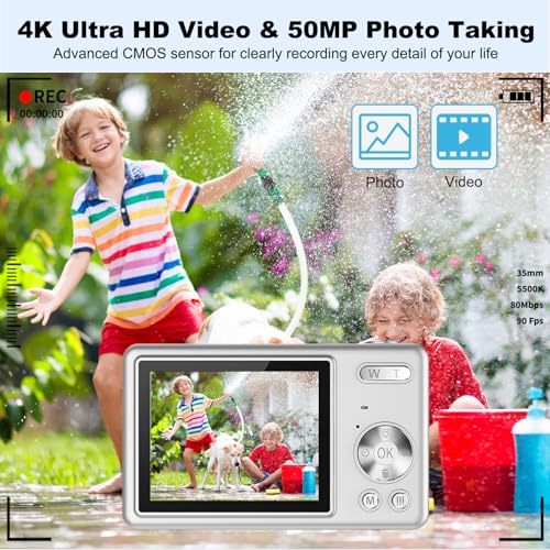 Digitalkamera, UHD 4K 50MP Kamera Fotoappara mit 32GB SD-Karte, 16X Digitalzoom, Wiederaufladbarer Akku, Tragbare Vlog Kamera für Kinder Teenager Student Anfänger (Silber)