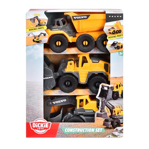 Dickie Toys Volvo Construction Set (je 16 cm) - 3 Baustellenfahrzeuge für Kinder mit Bagger Spielzeug, Radlader & Kipplaster, mit Freilauf ab 3 Jahren - 203722015