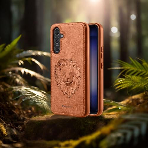 Image of Vaku Luxos Lion Embossed Back Cover Case for Samsung Galaxy S23 FE Premium Leather Stitched Soft Shockproof Protective TPU Phone Case Camera Screen Protector- Brown