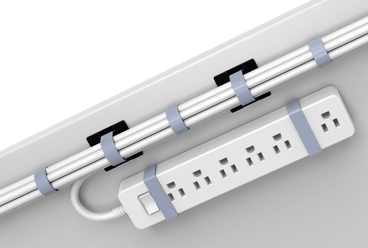 Under Desk Cord Management Straps, Adhesive-Backed Heavy-Duty Reusable Mounting Straps, Cable Management, Self Adhesive Hook and Loop Strap Set, for Large Cord Bundles, Power Strips & Devices