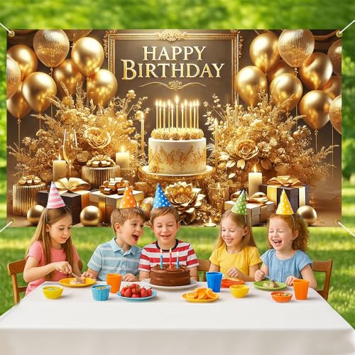 Image of Happy Birthday Backdrop, 70.8x43.3in Large Gold Glitter Party Photography Background Indoor Photo Booth Banner Spring Birthday Party Decorations Supplies for Women Men Adults Boys Girls Kids