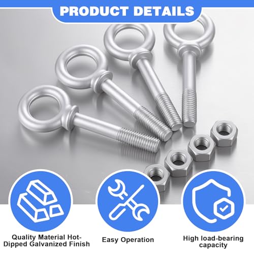 Image of LEIFIDE 8 Pack 3 /4 inch x 4-1 /2 inch Shoulder Eye Bolts with Nuts, Hot Dip Galvanized Eye Bolts for Lifting, Anchor Point Rigging, Fence, Canopy, Ac Mounting