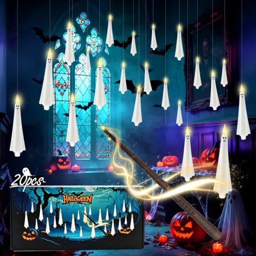 Image of kakoya Ghost Flameless Floating Candles with Wand Remote, 20 Pcs Magic Flickering Battery Operated LED Hanging Taper Candles for Halloween Party Decoration(White)