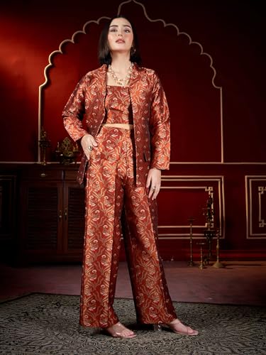Image of PURVAJA Women's Full Sleeve Crop Top Trouser Printed Co-Ords Set