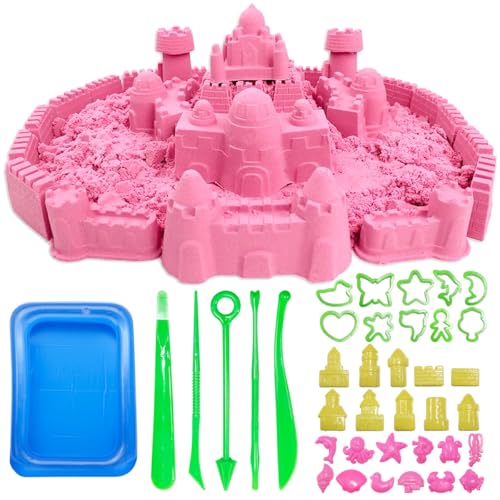 PZJOALN Arena mágica para niños, 500 g de arena cinética, juego de arena para niños con 37 moldes y bandeja de arena con colchón de aire, regalo de cumpleaños para niños y niñas (rosa)