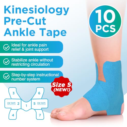 Image of OK TAPE Precut Kinesiology Ankle Tape for Women, Elastic Athletic Tape for Pain Relief, Ankle Sprain, Stability, Breathable Cotton, Daily Use - Blue, S Size, 10 Pcs