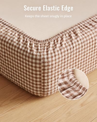 Image of Blissful Diary Muslin Crib Sheets, 2 Pack, Beige Gingham & Brown Gingham | fitted for 52''x28'' crib mattress, soft and breathable cotton, boho style, easy care for machine wash, gift for boy and girl