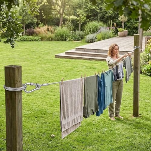 Image of 5 Metre Stainless Steel Clothesline Rope with Carabiner Hooks | Heavy-Duty Rust-Resistant Cloth Drying Wire | Strong Hanging Dori for Balcony, Bathroom, Terrace, Indoor & Outdoor Use