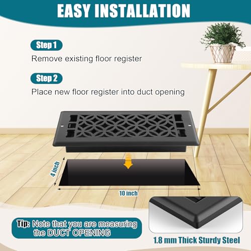 Image of 10 Pcs 4x10 Inch Heavy Duty Floor Register - Decorative Savannah Design Vent Covers - Walkable Adjust Air Supply Lever Steel Airflow Floor Vents with Screws for Home Heater Grilles (Black)