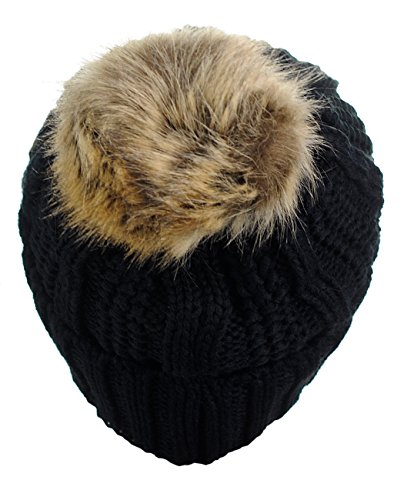 C.c Thick Cable Knit Faux Fuzzy Fur Pom Fleece Lined Skull Cap Cuff Beanie, Black #TOP3