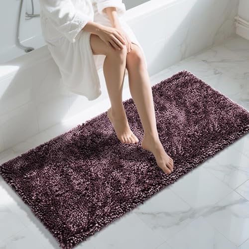 Image of Yimobra Long Bathroom Rugs Runner 55x24 Inch, Extra Thick Soft Absorbent Chenille Bath Mat, Non Slip Machine Washable, Quick Dry Bath Rugs for Bathroom Floor, Tub and Shower, Purple Grey