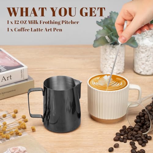 Image of Amrules Milk Frothing Pitcher 12oz Frother Cup Barista Tools, Bright Black
