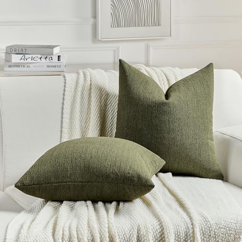 FUTEI Moss Green Chenille Decorative Throw Pillow Covers 20x20 Inch Set of 2,Soft Cozy Faux Linen Textured Cushion Case,Farmhouse Home Decor for Couch Living Room