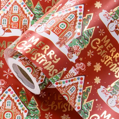 LeZakaa Red Christmas Wrapping Paper Roll Gingerbread House Gold Foil Merry Christmas Holiday Gift Wrap for Kids Family Friends Winter Holiday Mini Roll 17 in x 16.4 Ft