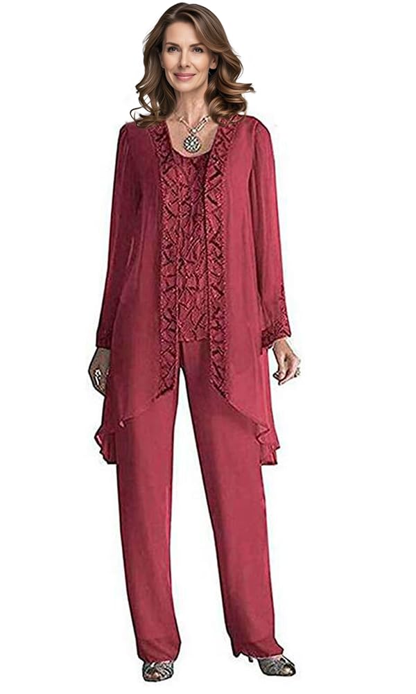 Beaded Mother of The Bride Pants Suit 3 PC Chiffon Dressy Pantsuit for Women Wedding Guest Outfit