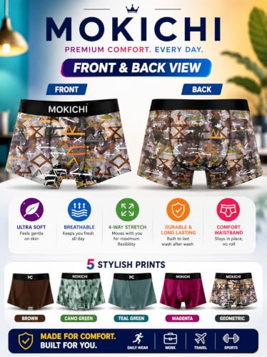 Image of Men's Boxer Briefs for Men, Stretchable Trunks Underwear, Soft Comfortable Fit, Breathable Mid-Rise Boxer Shorts, Assorted Solid & Printed Designs, Pack of 5