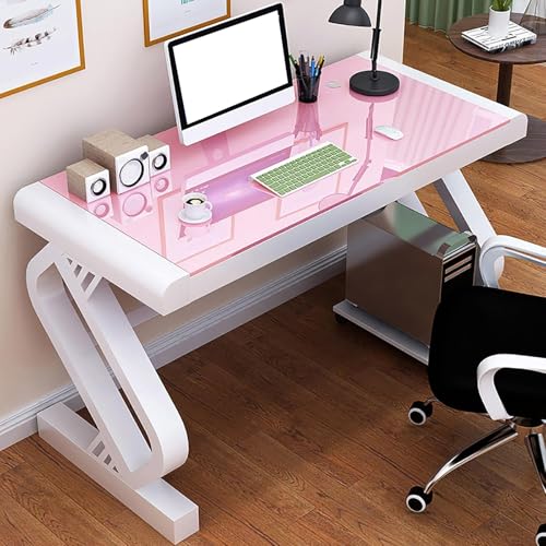 Image of SUZEPER Tempered Glass Computer Desk,Modern Home Office Desk with Z-Shaped Metal Legs,Sturdy Writing Table for Home Office Dorm(White Pink)