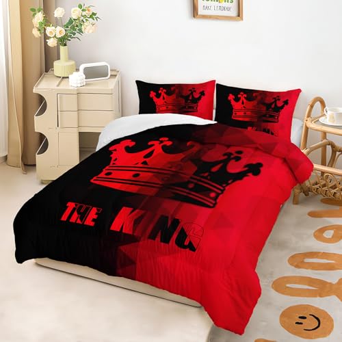 Image of AILONEN Red and Black Comforter Set Queen Size,Crown King Printed Couple Bedding Set for Men Women Adults,3-Piece Mr Mrs Themed King and Queen Quilt with 2 Pillowcases
